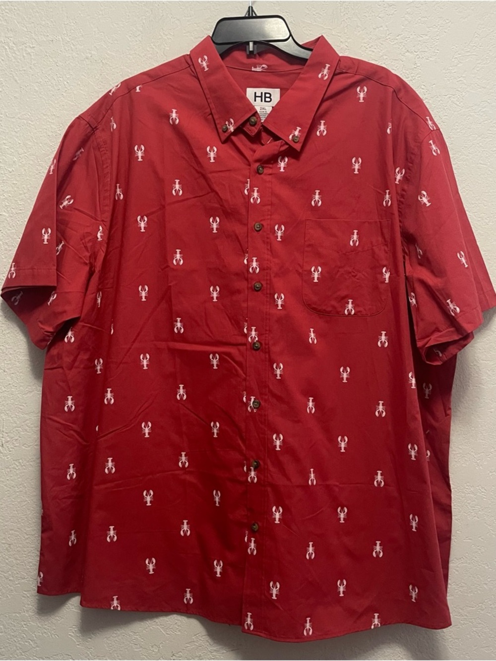 Harbor Bay Red Short-Sleeve Button-Down Shirt with White Lobster Motif